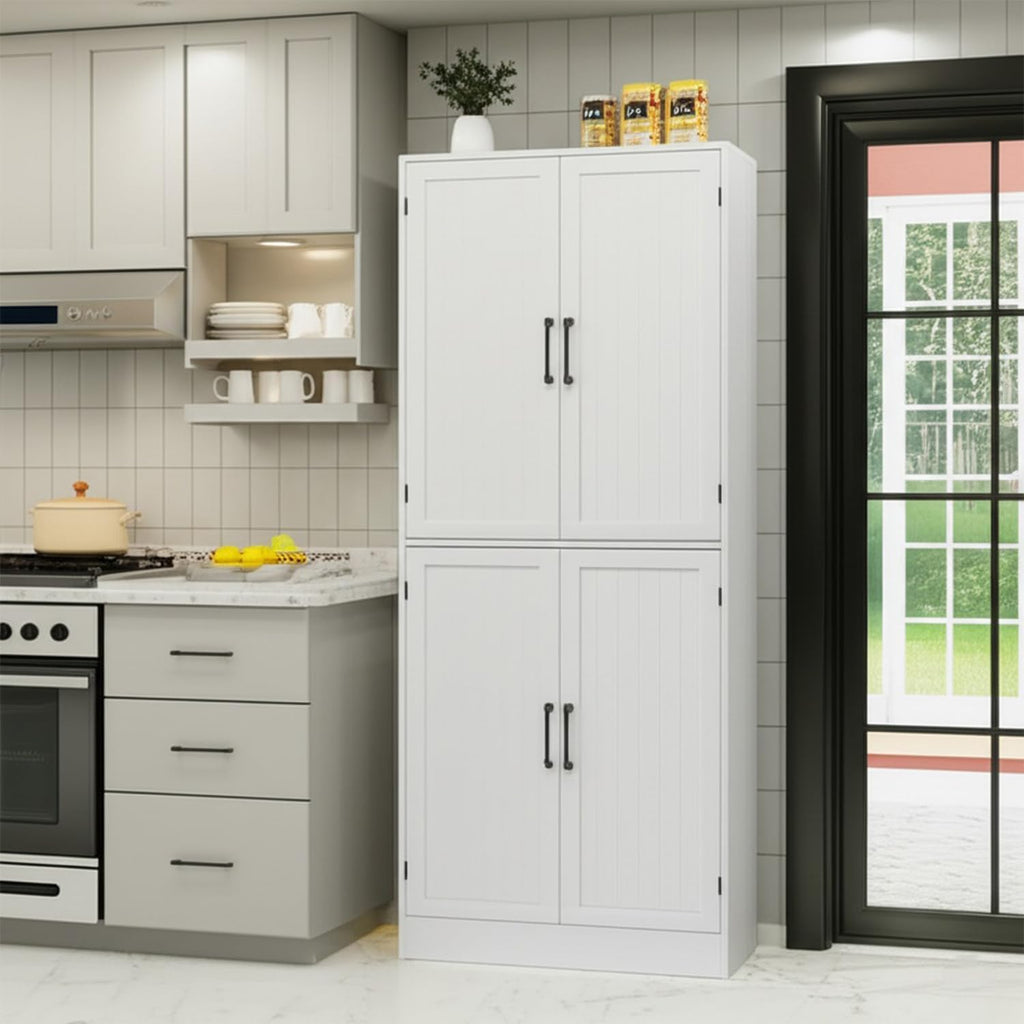 MHOM 71' Tall White Pantry Cabinet, Farmhouse Storage Cabinet with 4 Doors and Adjustable Shelves, Freestanding Pantry for Dining Room, Kitchen, and Living Room