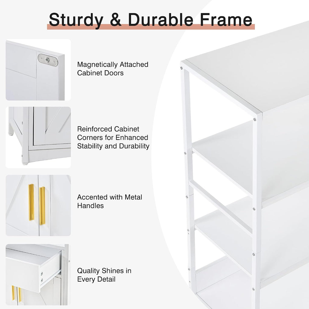VECELO 3-Tier Microwave Stand with Power Outlet & USB Ports, 15.5' Deep Kitchen Pantry Cabinet, Fits 1.0 Cu.Ft Microwave, Farmhouse Coffee Bar Storage for Kitchen, Bright White