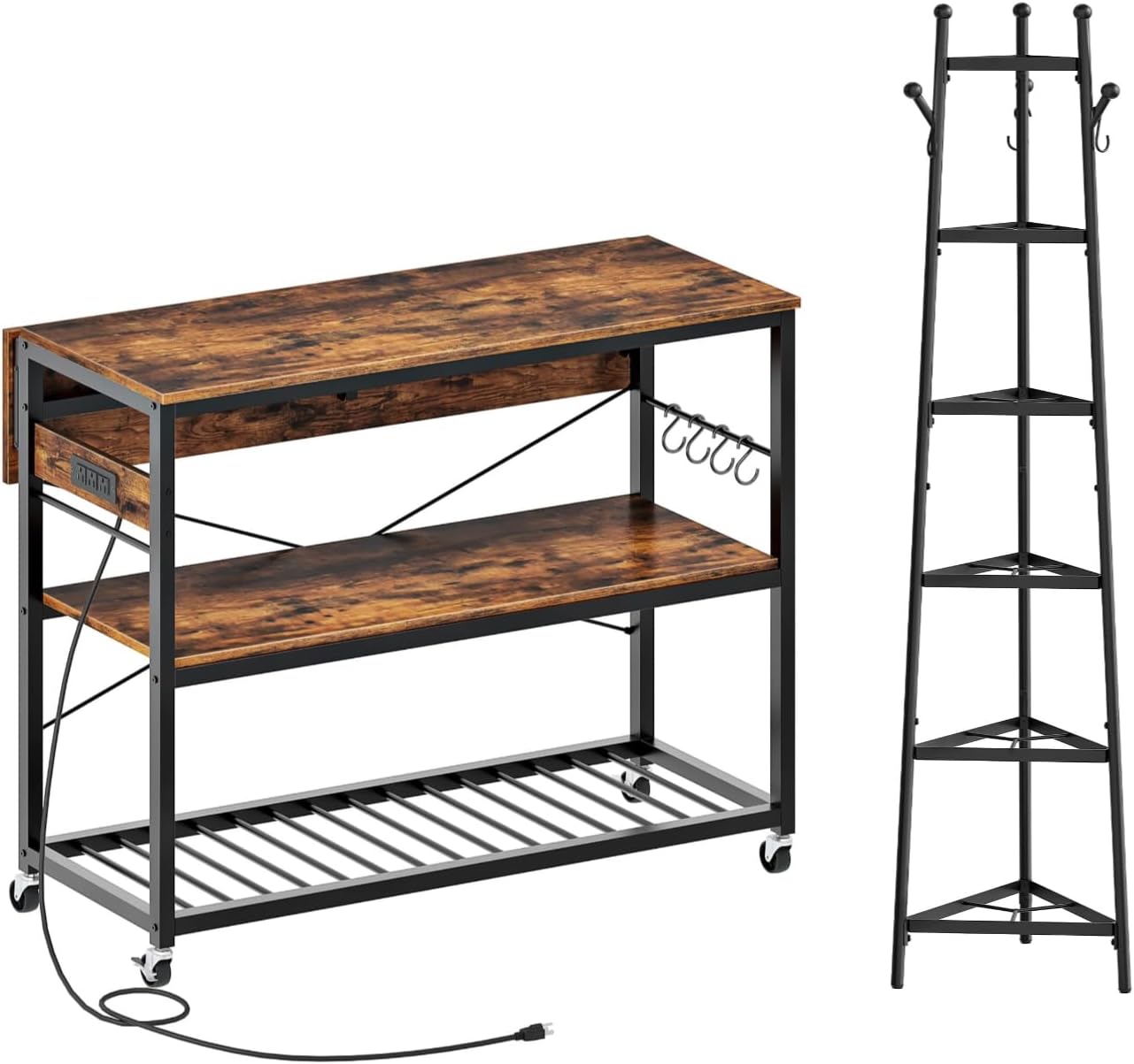 CHOEZON Kitchen Island with Power Outlet and Pot Racks Bundle, Movable with 3-Tier Storage, for Kitchen, Dining and Living Room TZD02UBF-TPR15BB