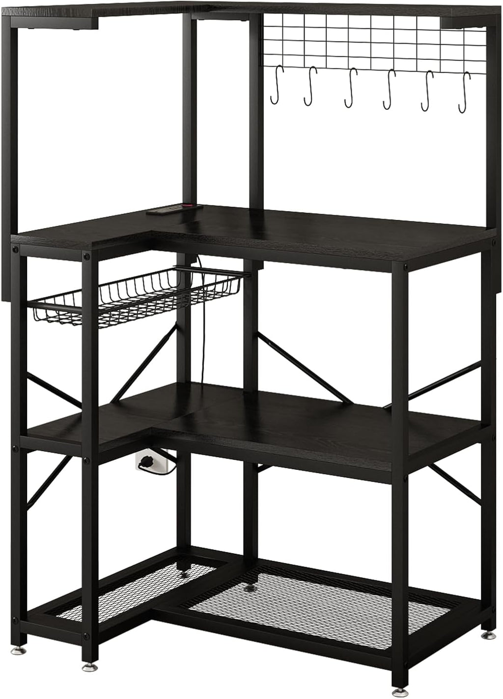 METYERRY L-Shaped Bakers Rack with Power Outlet,4-Tier Corner Microwave Stand with Storage,Coffee Bar Station with 6 Hooks, Kitchen Shelf with 2 Installation Methods,for Living Room,Office,Black