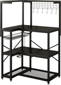 METYERRY L-Shaped Bakers Rack with Power Outlet,4-Tier Corner Microwave Stand with Storage,Coffee Bar Station with 6 Hooks, Kitchen Shelf with 2 Installation Methods,for Living Room,Office,Black