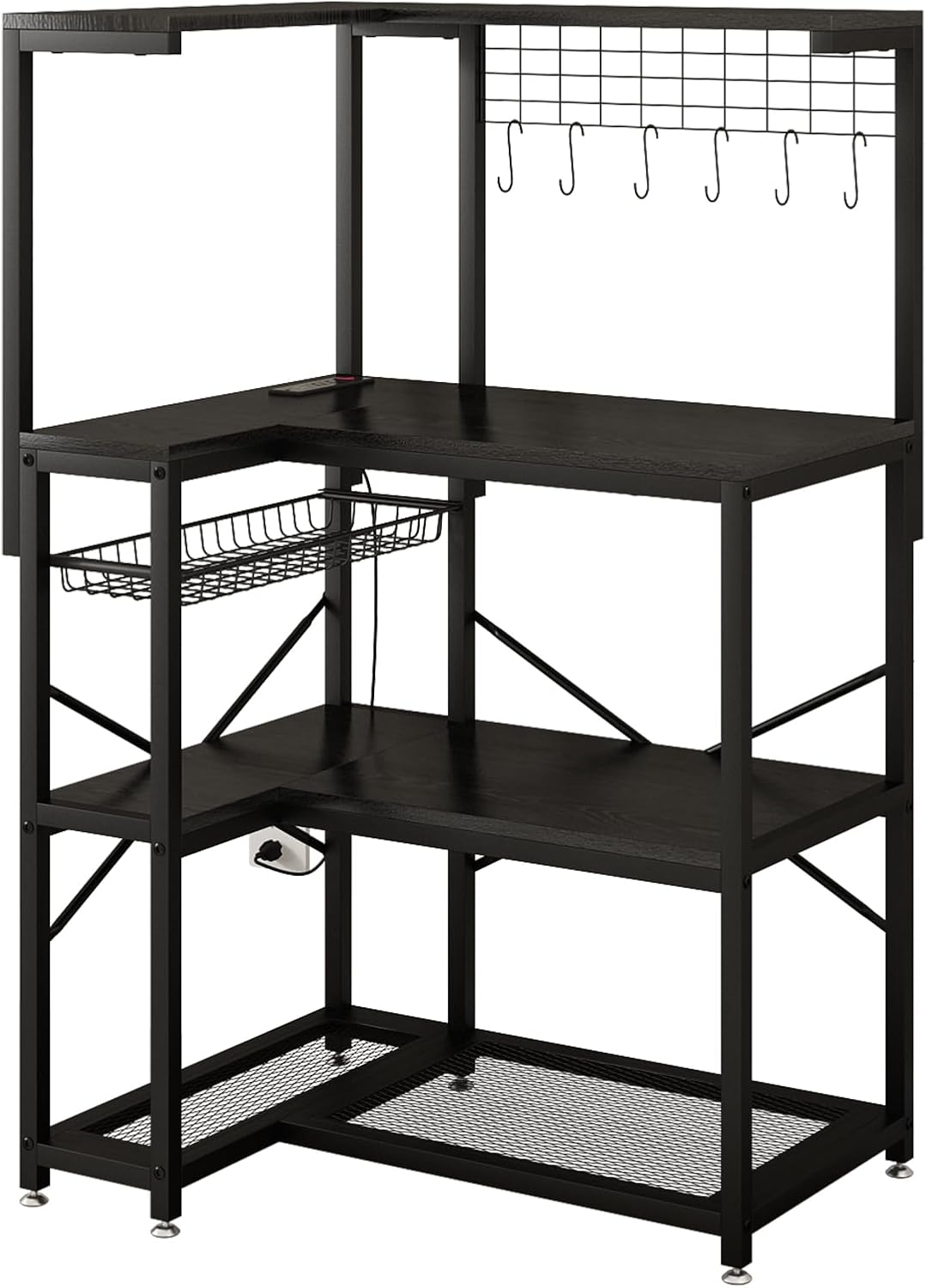 METYERRY L-Shaped Bakers Rack with Power Outlet,4-Tier Corner Microwave Stand with Storage,Coffee Bar Station with 6 Hooks, Kitchen Shelf with 2 Installation Methods,for Living Room,Office,Black