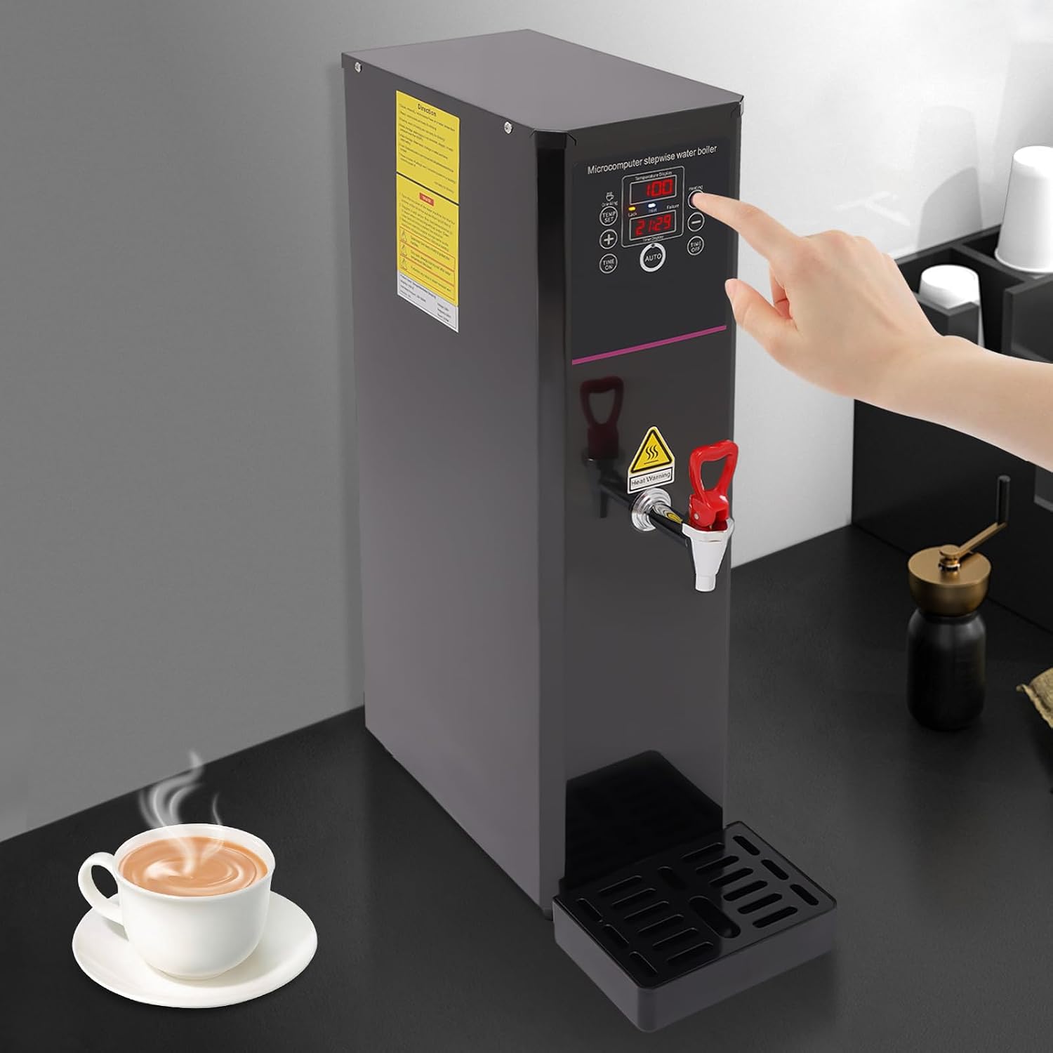 Electric Water Boiler 1500W Commercial Hot Water Dispenser Timing 20L Black Stainless Steel Automatic Water Boiler Digital Display for Kitchens Living Rooms Cafes Restaurants (Black)