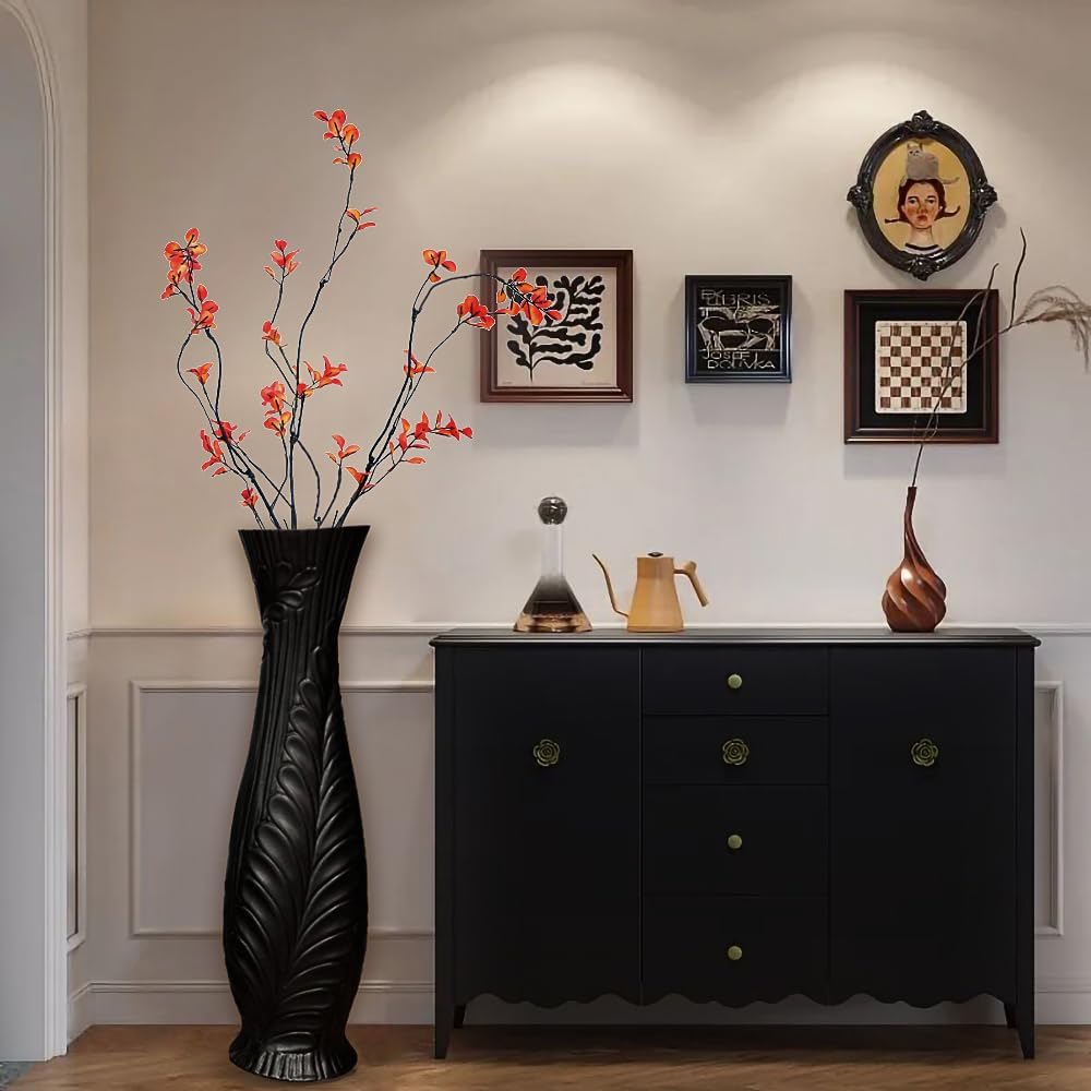Tall Black Floor Vase 30 inches, Handmade Large Ceramic Vases for Home Decor Living Room, Feather Pattern Decorative Vases Wide Mouth Opening Corner Vase for Pampas Grass