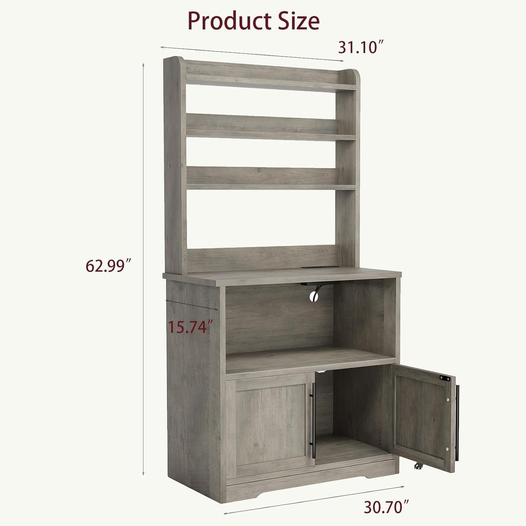 TrailBlaze Microwave Stand with Storage Cabinet, Bakers Rack with Power Outlet and Shelves, Farmhouse Floor Hutch Door Thickened Counter, Storage Shelf Coffee Bar for Kitchen, Dining Room, Grey