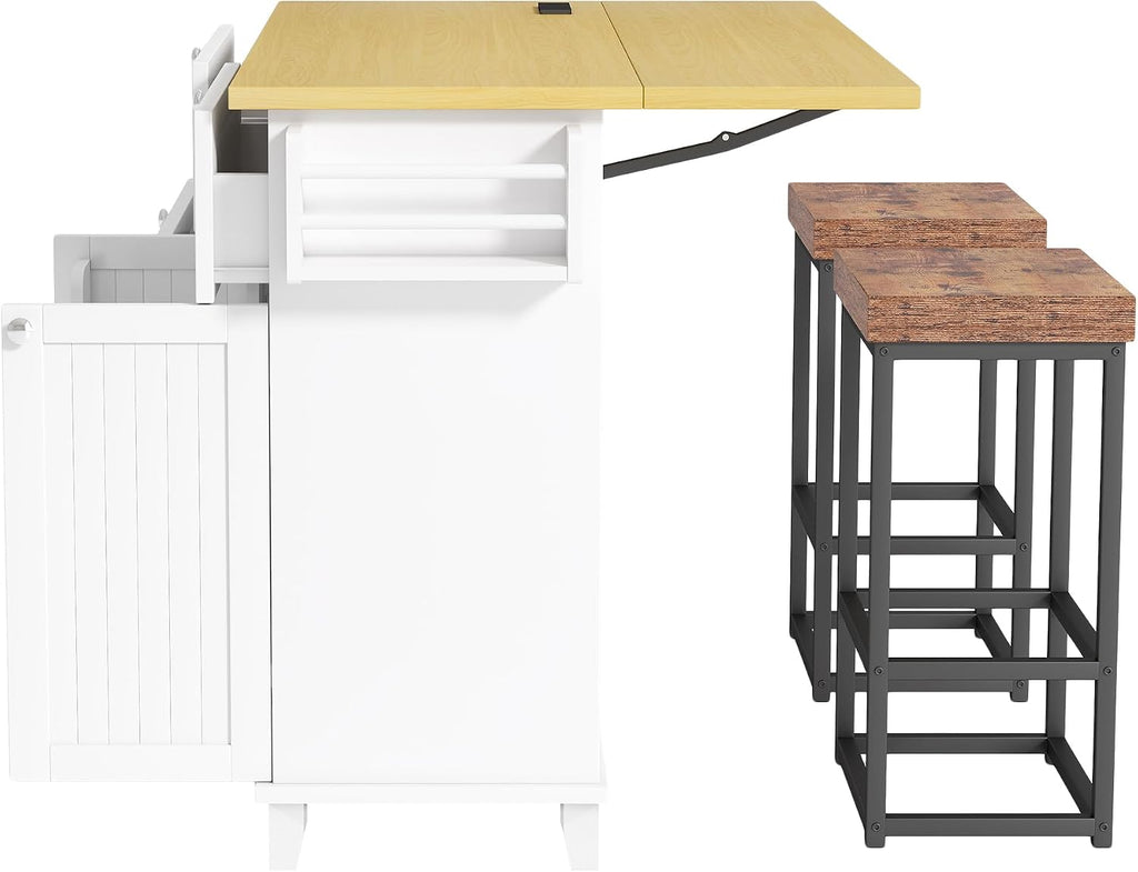 Farmhouse Kitchen Island with Drop Leaf and 2 Seatings, Kitchen Table Set with Storage Cabinet, Drawers, Door Shelves and Power Outlet, White+Rustic Brown
