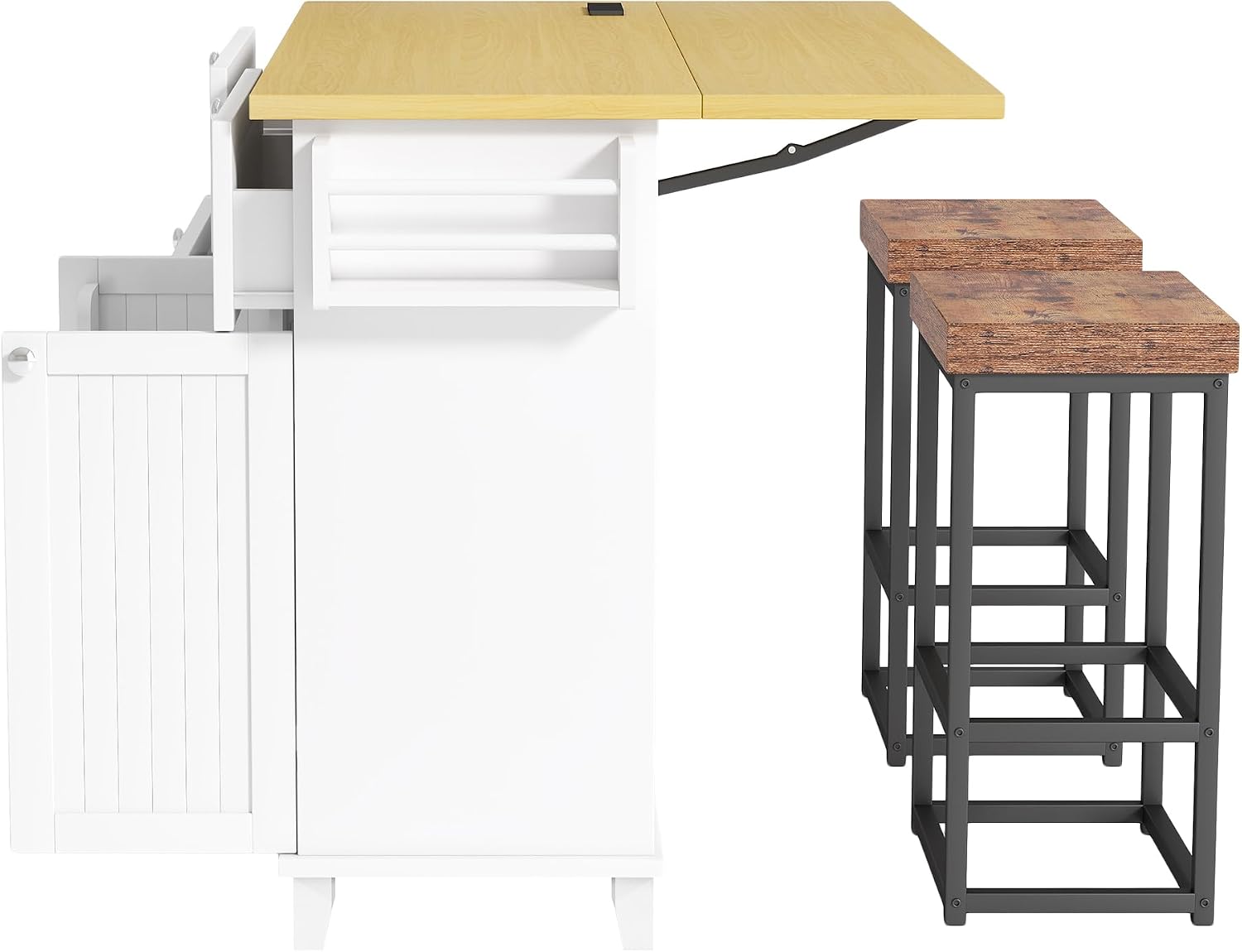 Farmhouse Kitchen Island with Drop Leaf and 2 Seatings, Kitchen Table Set with Storage Cabinet, Drawers, Door Shelves and Power Outlet, White+Rustic Brown
