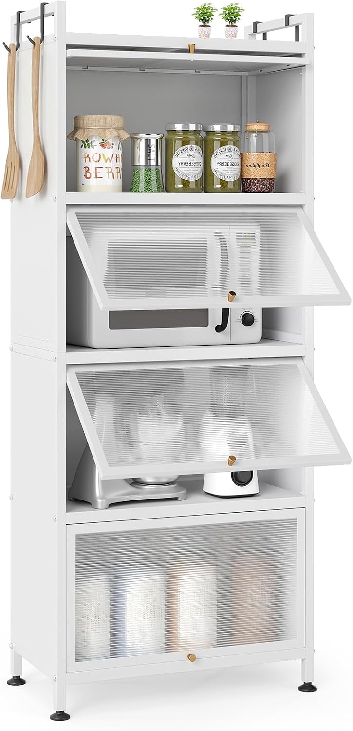 MAT EXPERT 5-Tier Kitchen Storage Cabinet, Freestanding Appliance Cabinet on Wheels with Flip Door & Anti-Topping Device, Kitchen Pantry Bakers Rack for Living Room, Study(White)