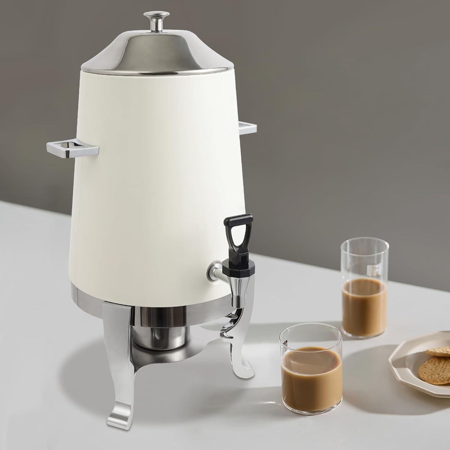Coffee Urn With Fuel Holder, 3.5 Gallon/13L Stainless Steel Beverage Dispensers for Coffee Tea Hot Water, Hot Drink Dispenser with Stand, Chafer Urn with Spigot for Parties Catering,White