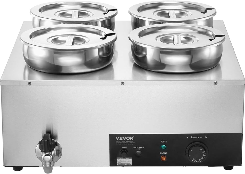 ETL Listed VEVOR Electric Soup Warmer, Four 7.4QT Stainless Steel Round Pot 86~185°F Adjustable Temp, 1500W Commercial Bain Marie with Anti-Dry Burn, Soup Station for Restaurant, Buffet, Silver