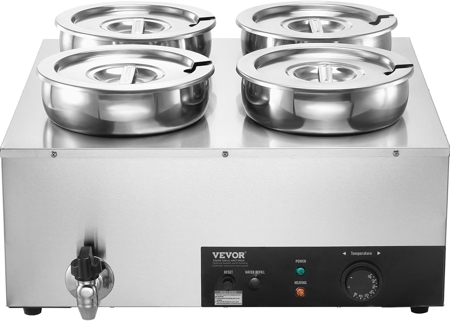 ETL Listed VEVOR Electric Soup Warmer, Four 7.4QT Stainless Steel Round Pot 86~185°F Adjustable Temp, 1500W Commercial Bain Marie with Anti-Dry Burn, Soup Station for Restaurant, Buffet, Silver
