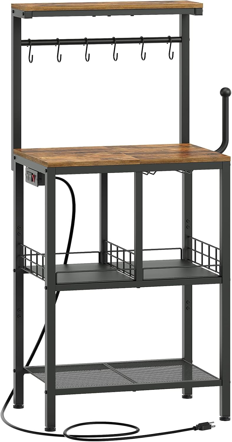 YATINEY Bakers Rack with Power Outlet, Microwave Stand with Paper Holder, Bakers Rack with Storage, HB02UBR-KF60BRY1