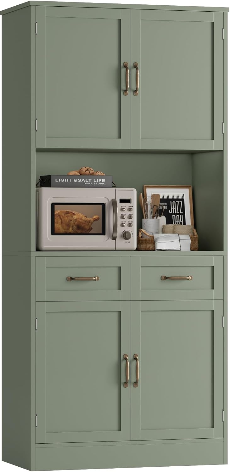 HOSTACK 71' Tall Kitchen Pantry Storage Cabinet, Modern Kitchen Hutch Bar Cabinet with Microwave Stand, Wood Buffet Sideboard with Hutch, Cupboard with Drawers, Shelves for Dining Room, Green