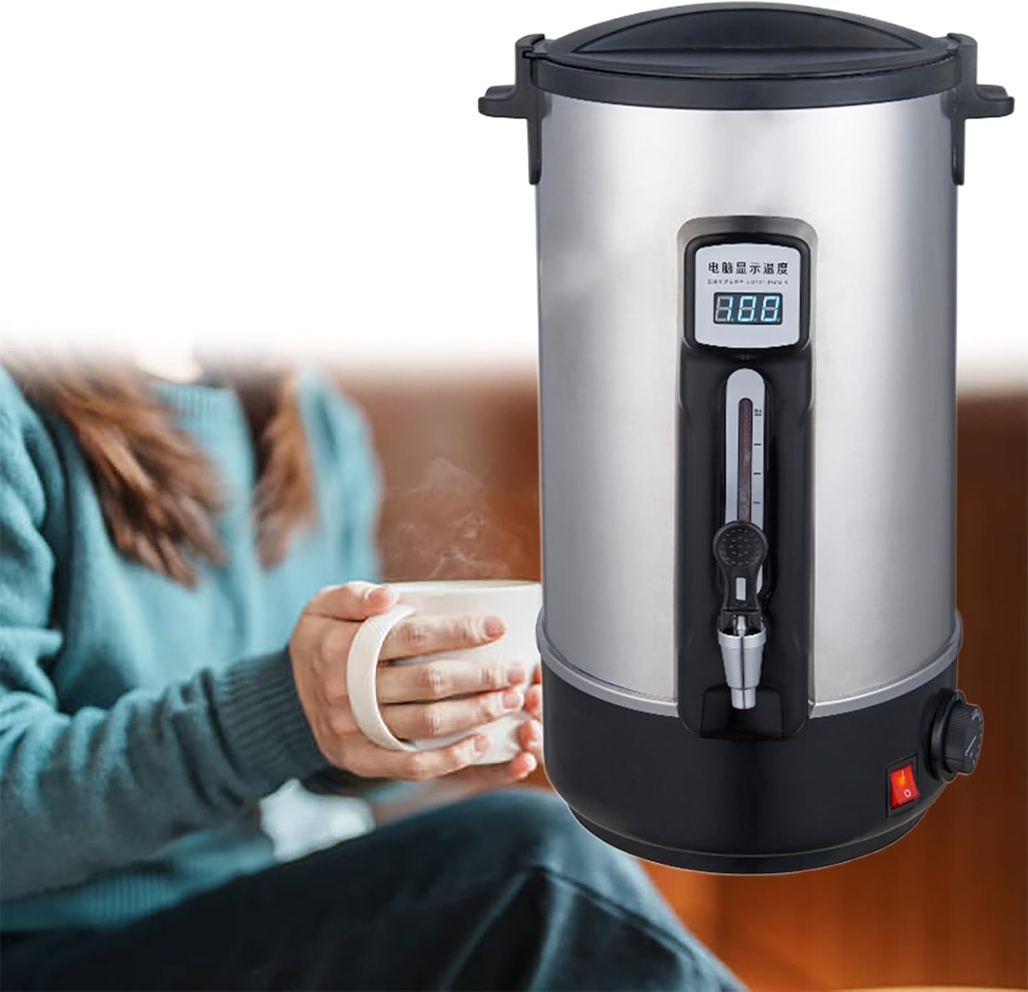 Kitchen 200 Cup Capacity Hot Water Boiler Urn with Safety Locking Tap, Stainless Steel Double Wall and a Unique Circuit Board Controlled Heating System,30L