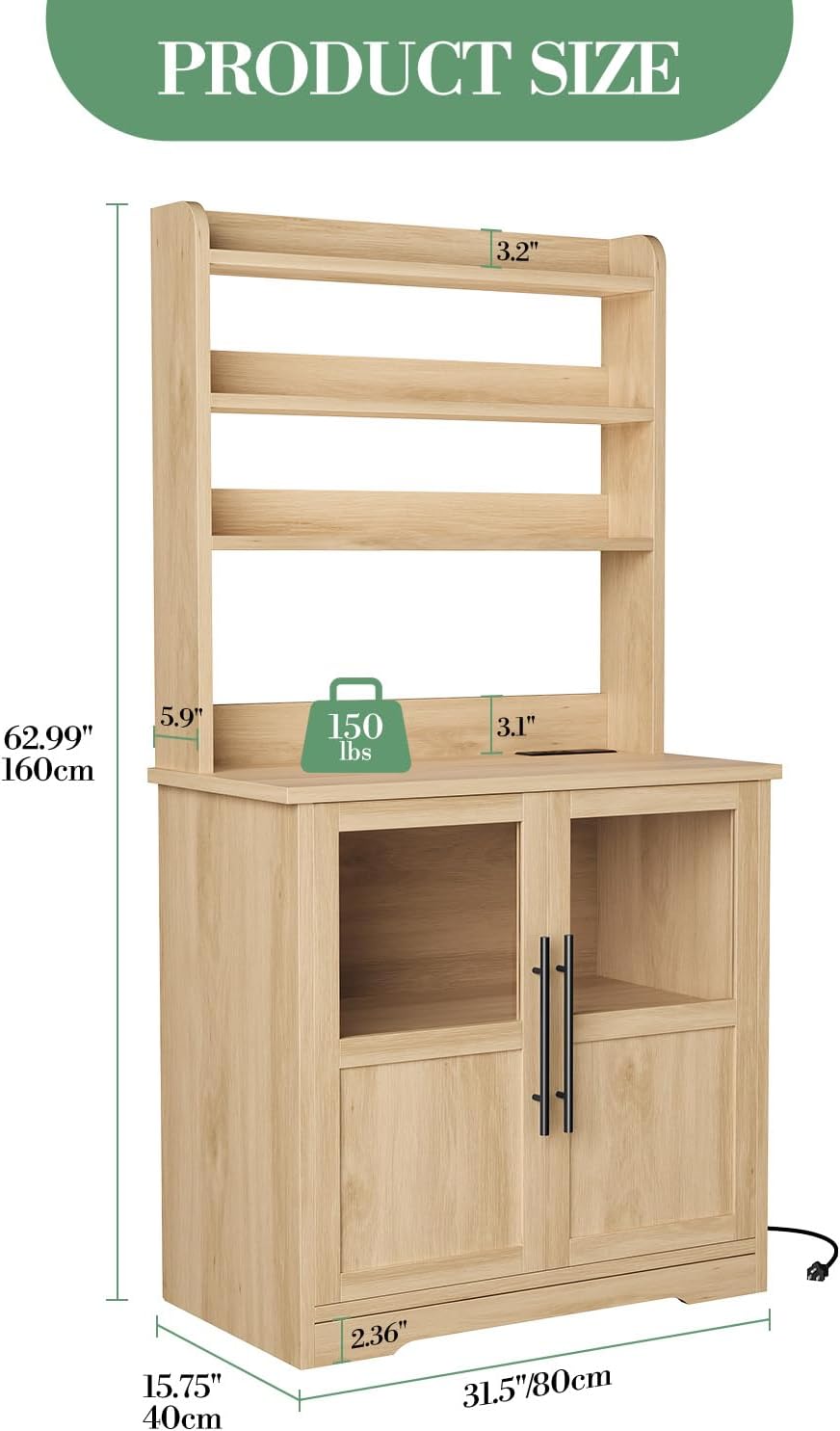 6-Tier Kitchen Bakers Rack,Storage, Power Outlet, and Glass Doors,Freestanding Farmhouse Coffee Bar Cabinet for Kitchen, Living Room, Dining Room,Natural Wood
