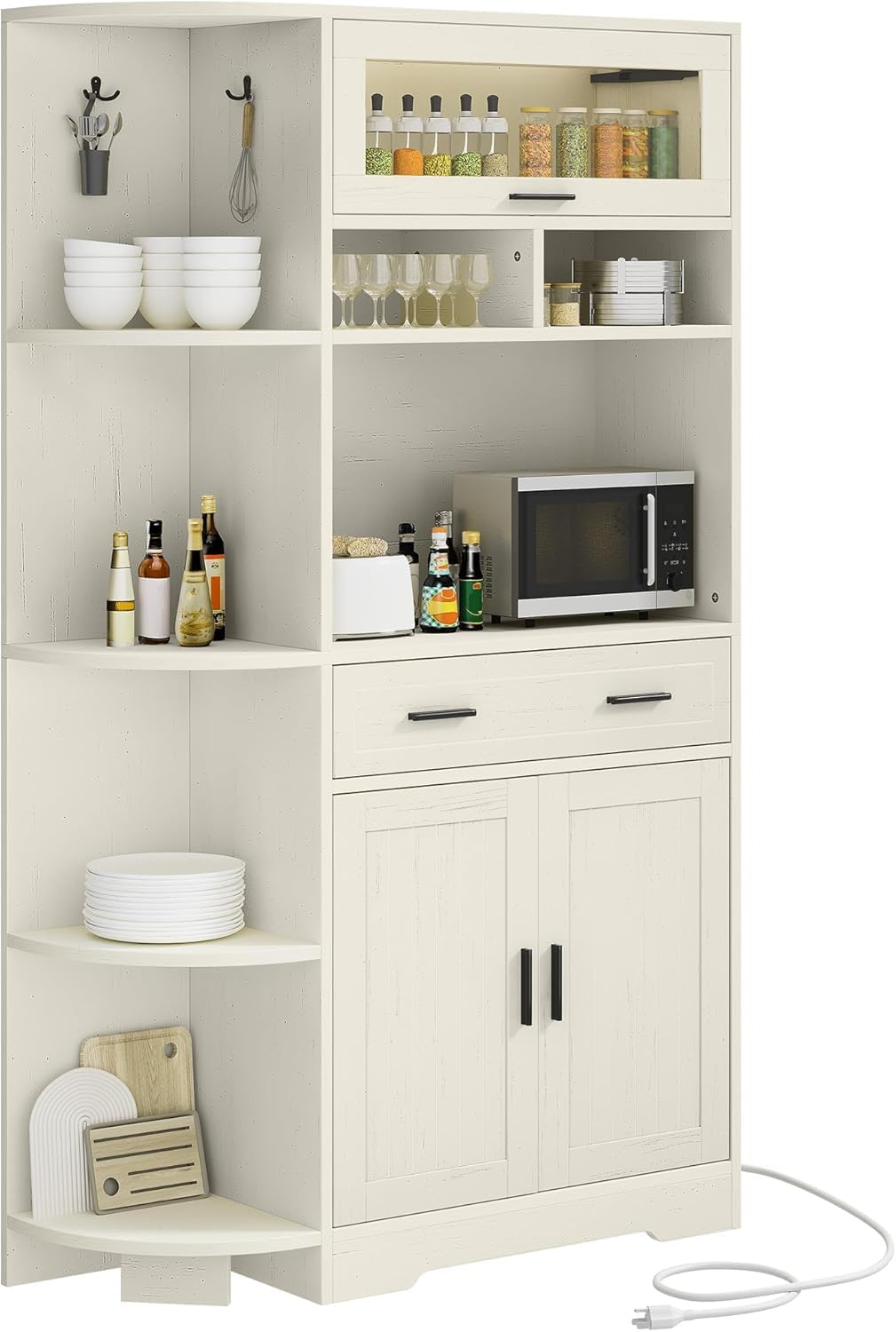 YITAHOME Kitchen Pantry Storage Cabinet, 67' Tall Kitchen Hutch with Outlet & Door & Shelves & Drawer, Farmhouse Wooden Microwave Stand Buffet Coffee Bar for Home Living Dining Room, Off-White