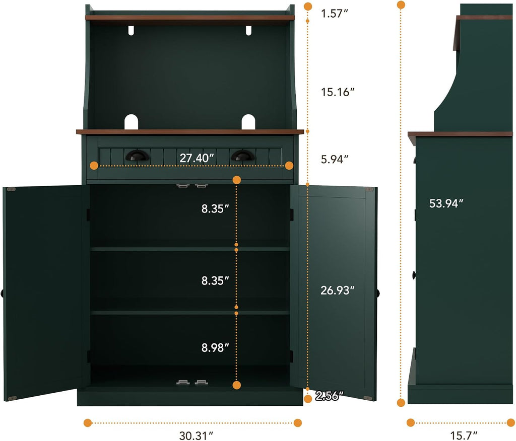 HOLTICO 54' Kitchen Pantry Storage Cabinet with Doors and Adjustable Shelves, Green Freestanding Microwave Cabinet with Drawer for Kitchen, Coffee Bar, Living Room