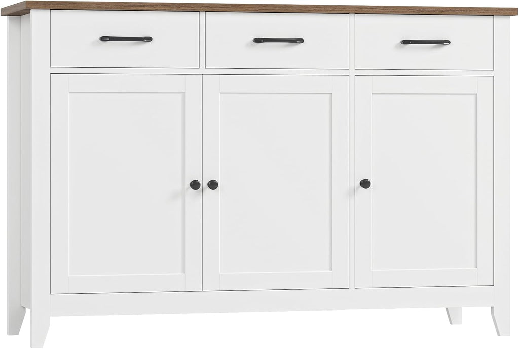 HORSTORS 47' Buffet Cabinet with Storage, Kitchen Buffet Table with Drawers, Modern Farmhouse Coffee Bar Storage Cabinet with Adjustable Shelf, Wood Sideboard for Dining Room, Kitchen, Entryway, White