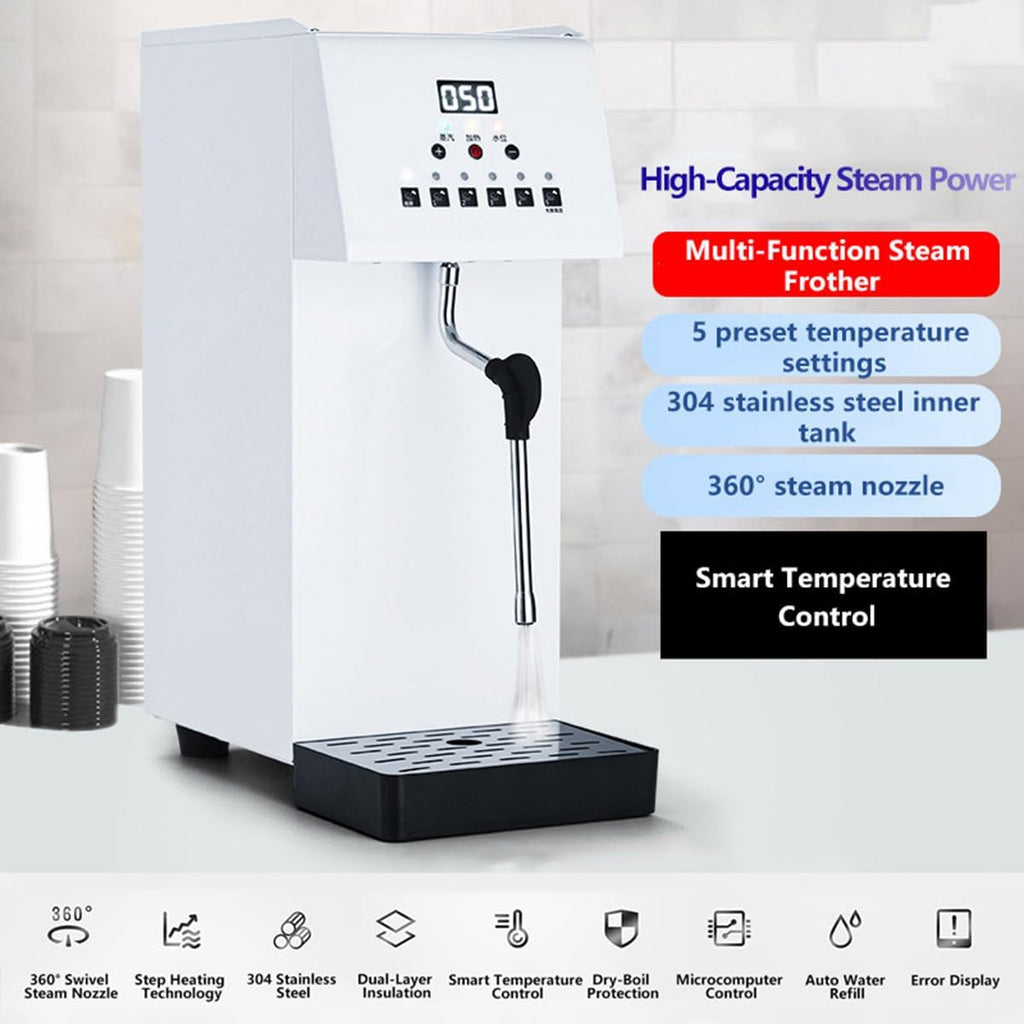 Automatic Milk Frother and Steamer, 2500W Electric Milk Frother and Steamer, Steam Boiling Hot Water Dispenser, 5-Temp Presets, Single 360° Steam Wands, 6l Stainless Steel Tank, LED Display