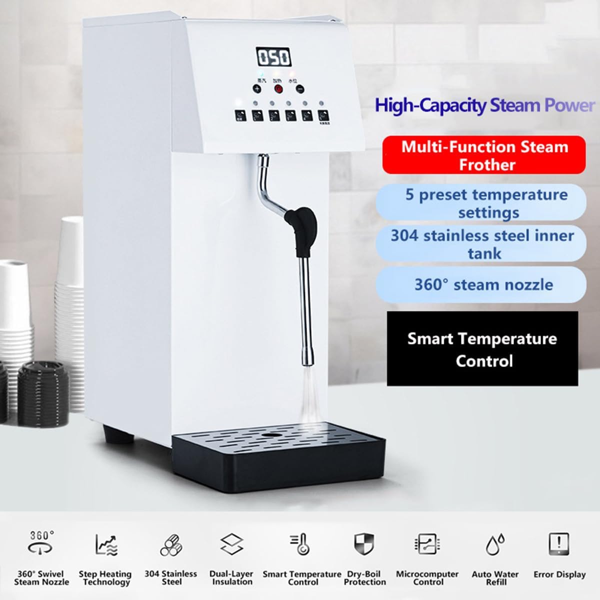 Automatic Milk Frother and Steamer, 2500W Electric Milk Frother and Steamer, Steam Boiling Hot Water Dispenser, 5-Temp Presets, Single 360° Steam Wands, 6l Stainless Steel Tank, LED Display