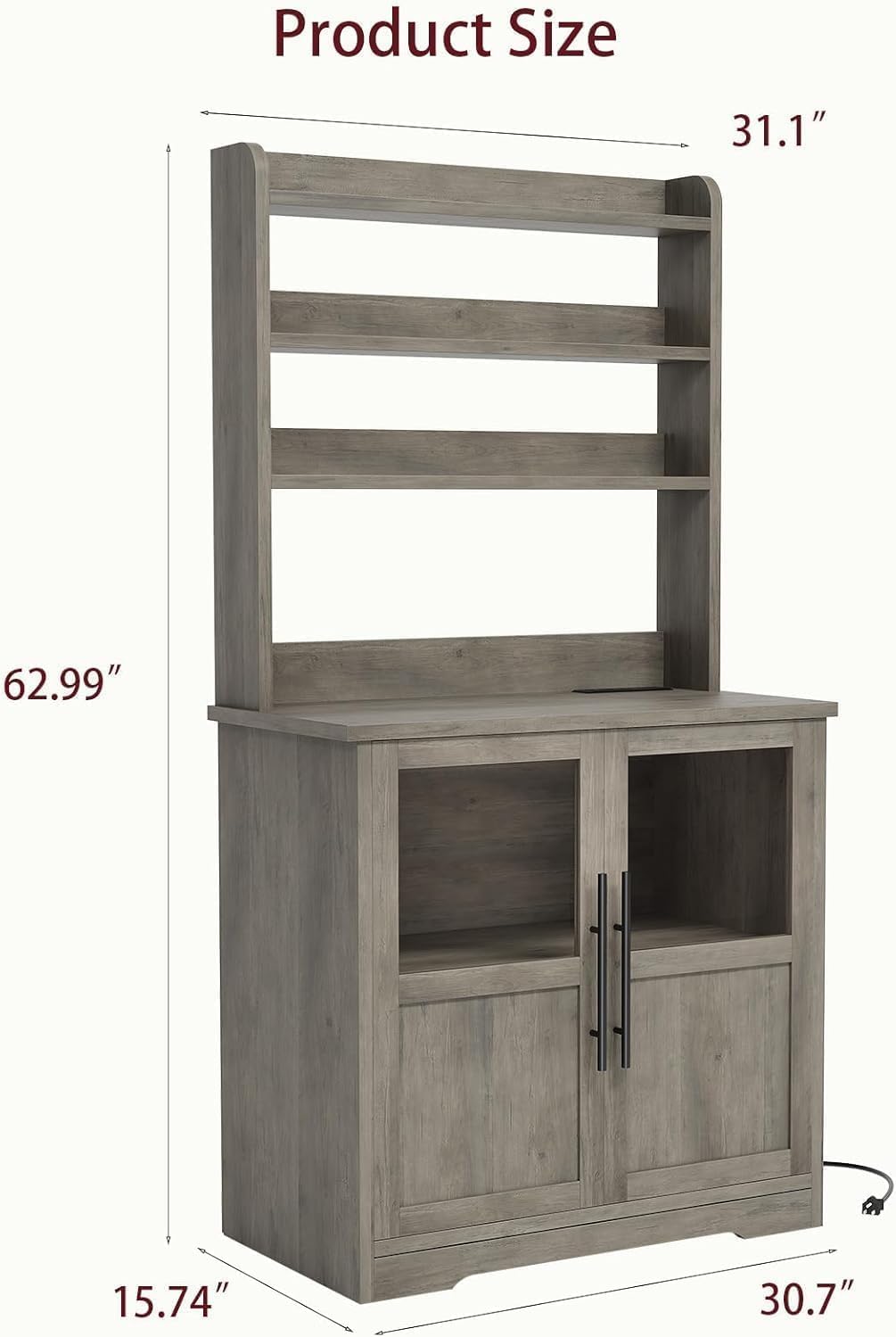 63' Rustic Gray Bakers Rack with Power Outlet - Microwave Stand with Storage Cabinet, 6-Tier Kitchen Pantry Hutch with Thickened Countertop & Glass Door.