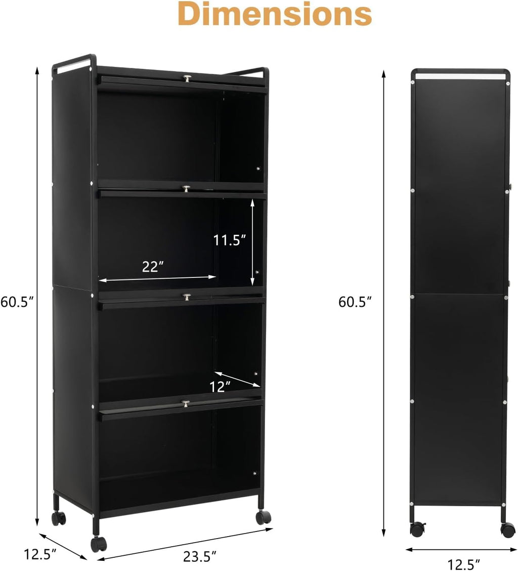 SIMOE Black 5-Tier Kitchen Storage Cabinet, Mobile Microwave Stand with Flip-Up PC Doors, Freestanding Baker's Rack with 4 Rolling Casters for Dining Room, Living Room and Study