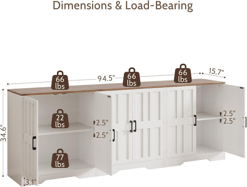 Sideboard Buffet Cabinet, Modern Farmhouse Kitchen Storage Cabinet, 94.5' Modular Accent Cabinet Coffee Station Bar Media Console Table Credenza for Kitchen Dining Room, Living Room Entryway Hallway