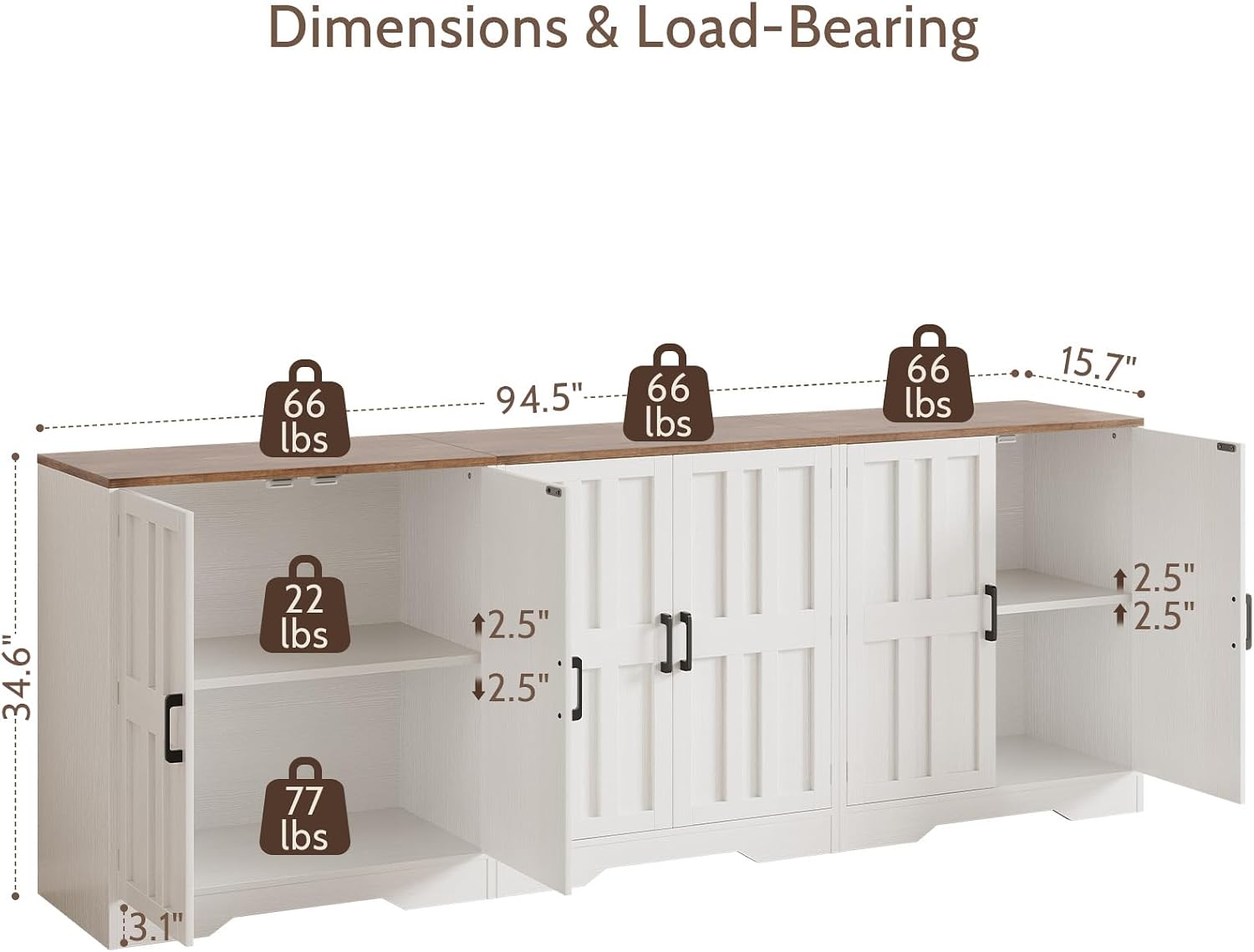 Sideboard Buffet Cabinet, Modern Farmhouse Kitchen Storage Cabinet, 94.5' Modular Accent Cabinet Coffee Station Bar Media Console Table Credenza for Kitchen Dining Room, Living Room Entryway Hallway