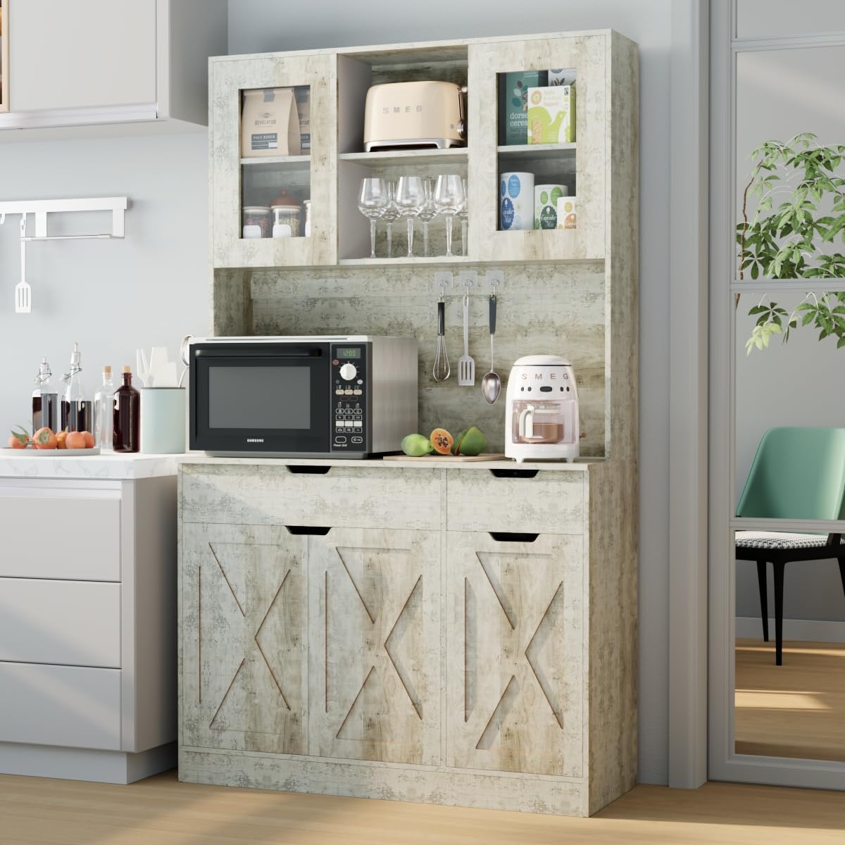 71' Tall Kitchen Pantry Storage Cabinet Large Farmhouse Hutch Cabinet with Microwave Stand, Charging Station, Adjustable Shelves, Countertop for Dining Room, Living Room, Grey