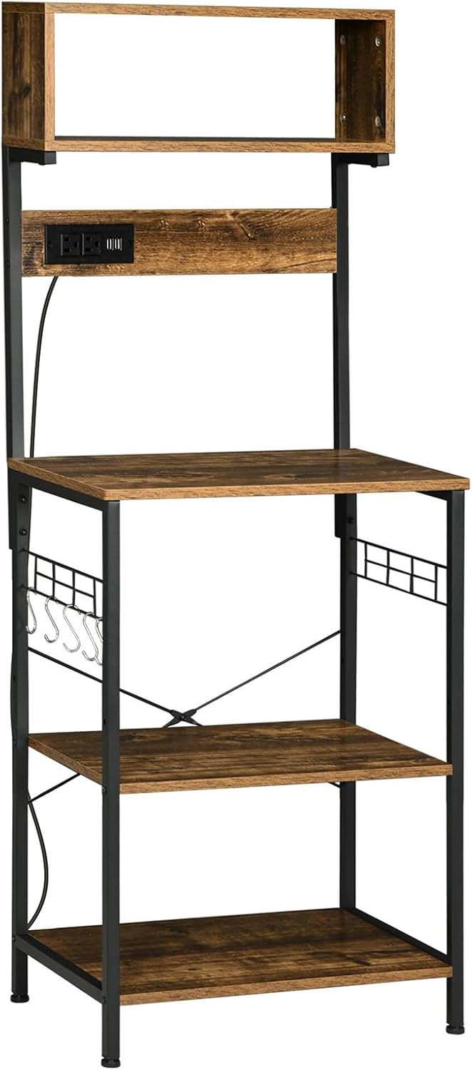 Kitchen Baking Rack with Power Socket, Microwave Stand with Adjustable Shelves and 5 Hooks, 4-Tier Stand for Kitchen, Living Room, Small Space, Mini Narrow Bread Rack, Country Brown