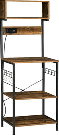 Kitchen Baking Rack with Power Socket, Microwave Stand with Adjustable Shelves and 5 Hooks, 4-Tier Stand for Kitchen, Living Room, Small Space, Mini Narrow Bread Rack, Country Brown