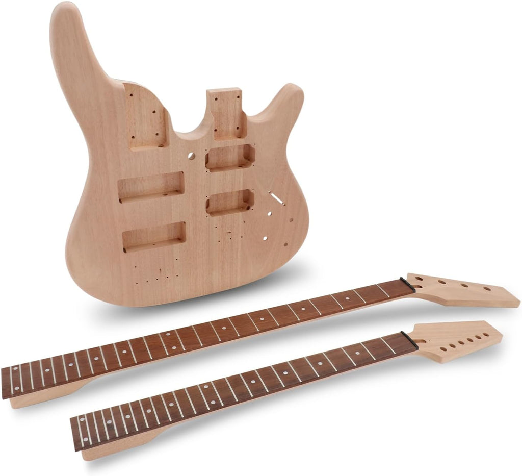 Double Neck DIY Electric Guitar and Bass Kit 6 String and 4 String Guitar Kit Right Handed with Mahogany Body Mahogany Neck Rosewood Fretboard Chrome Hardware Build Your Own Bass and Guitar.