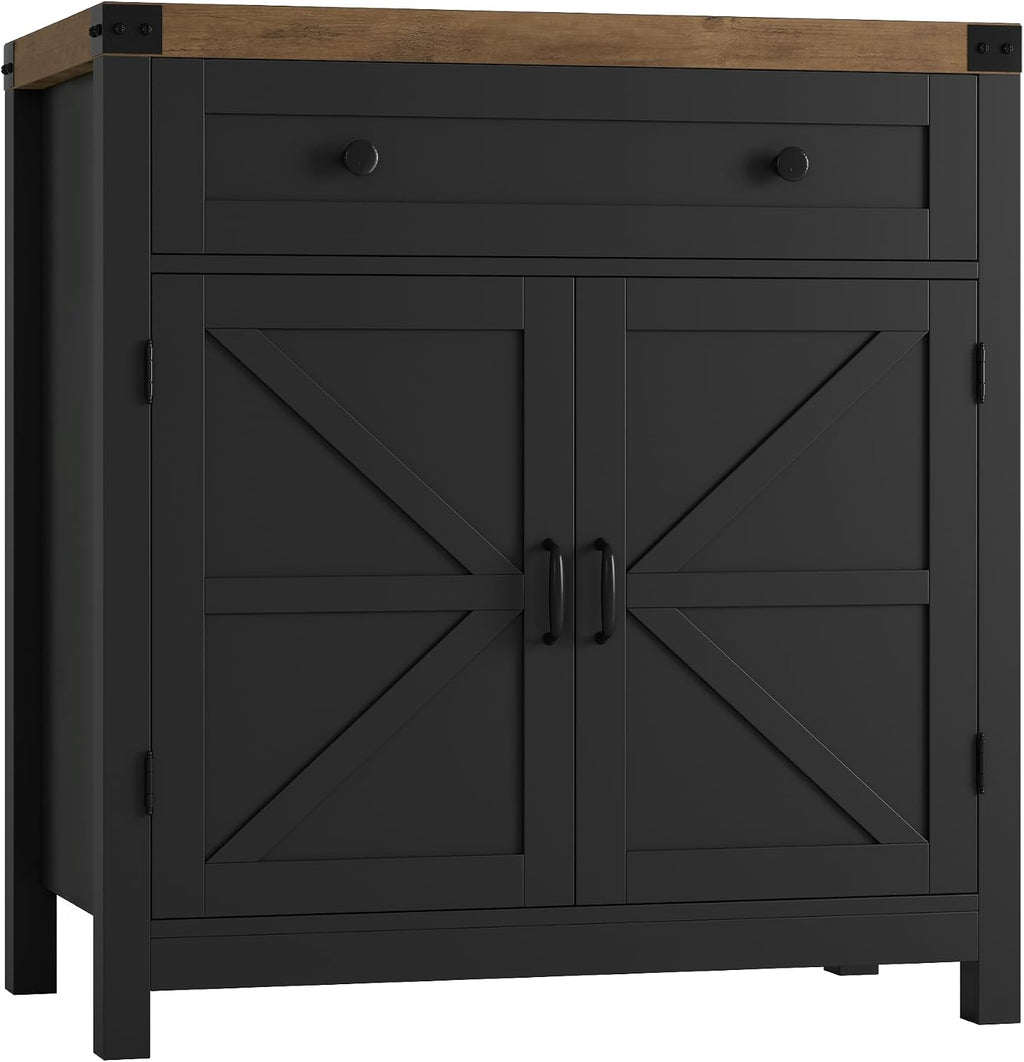HOSTACK Coffee Bar Cabinet, Kitchen Storage Cabinet, Modern Farmhouse Buffet Sideboard with Drawer & Adjustable Shelf, Barn Door Accent Cabinets for Kitchen, Dining Room, Entryway, Black/Rustic Brown