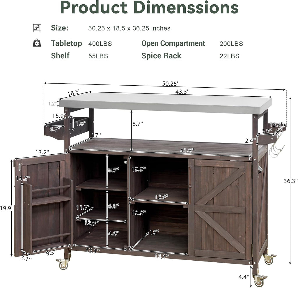Farmhouse Outdoor Kitchen Island, Rolling Bar Cart & Storage Cabinet with Stainless Steel Top, Spice Rack, Towel Rack for Kitchen & Barbecue, Solid Wood Outdoor Grill Table (Dark Brown)