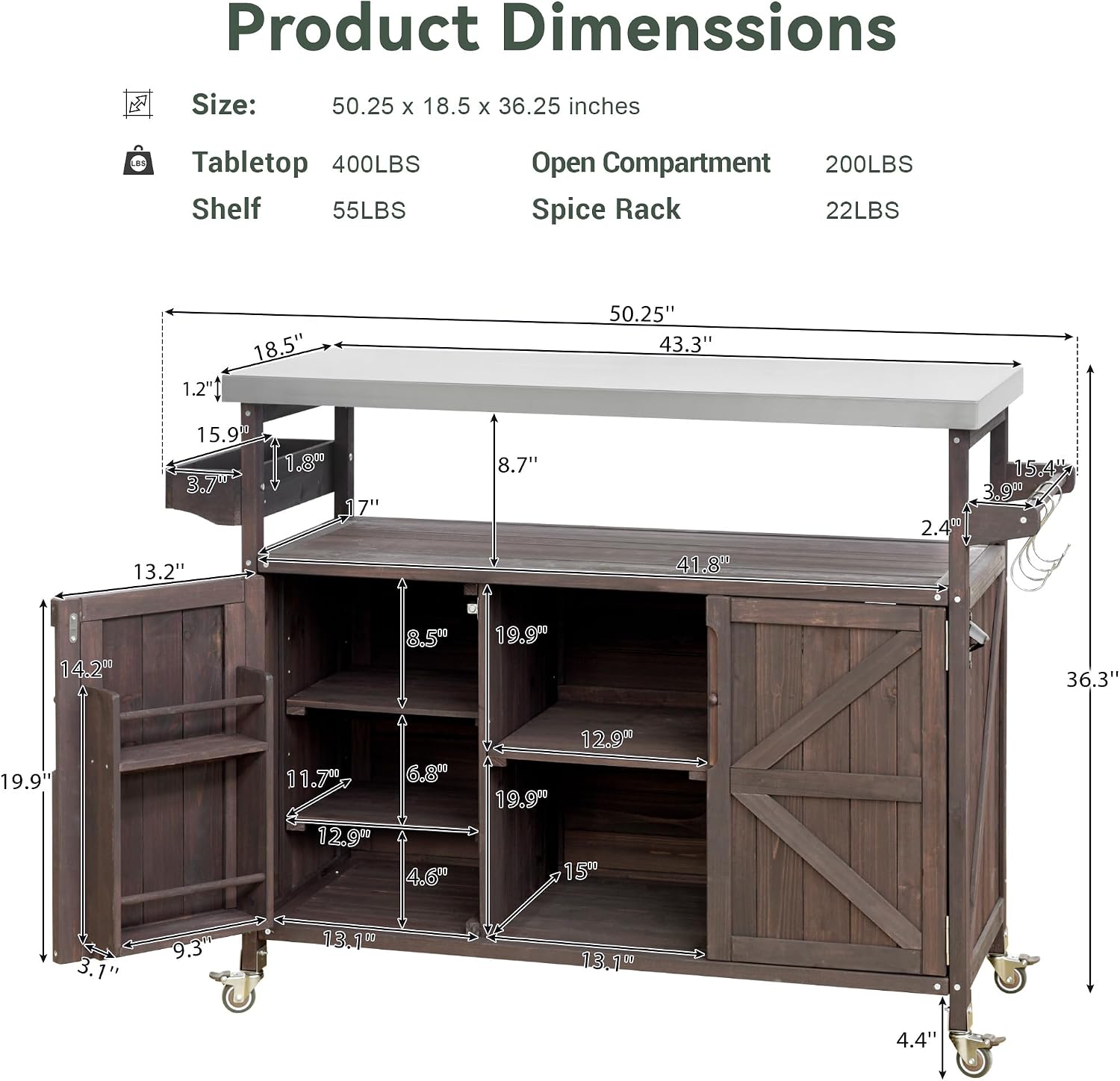 Farmhouse Outdoor Kitchen Island, Rolling Bar Cart & Storage Cabinet with Stainless Steel Top, Spice Rack, Towel Rack for Kitchen & Barbecue, Solid Wood Outdoor Grill Table (Dark Brown)