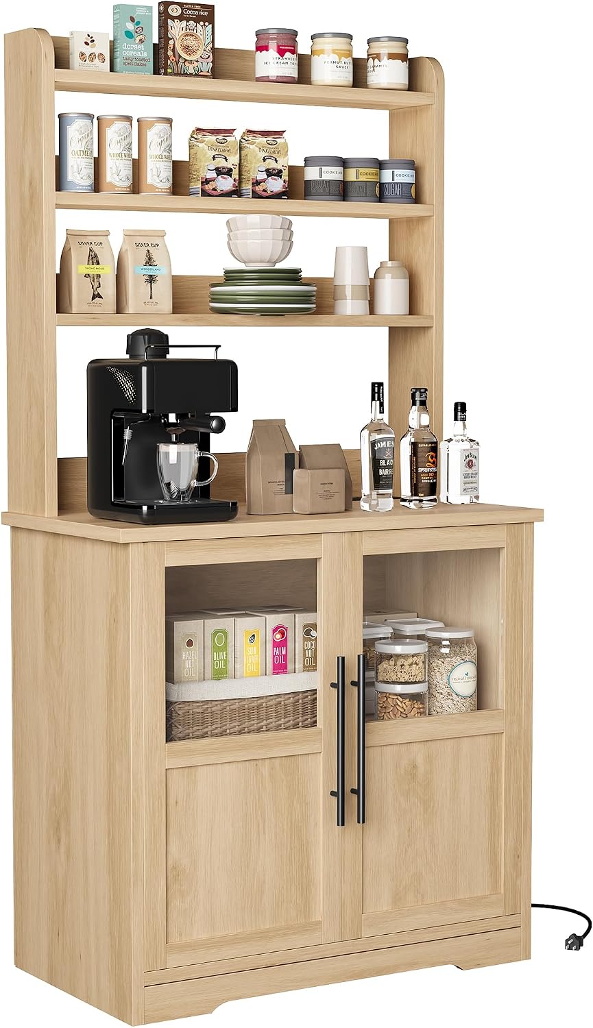 63' Bakers Rack with Storage & Charging Station, Farmhouse Coffee Bar Cabinet, Tall Wooden Microwave Stand with Storage Hutch & 2 Glass Doors for Dining Room, Natural Wood