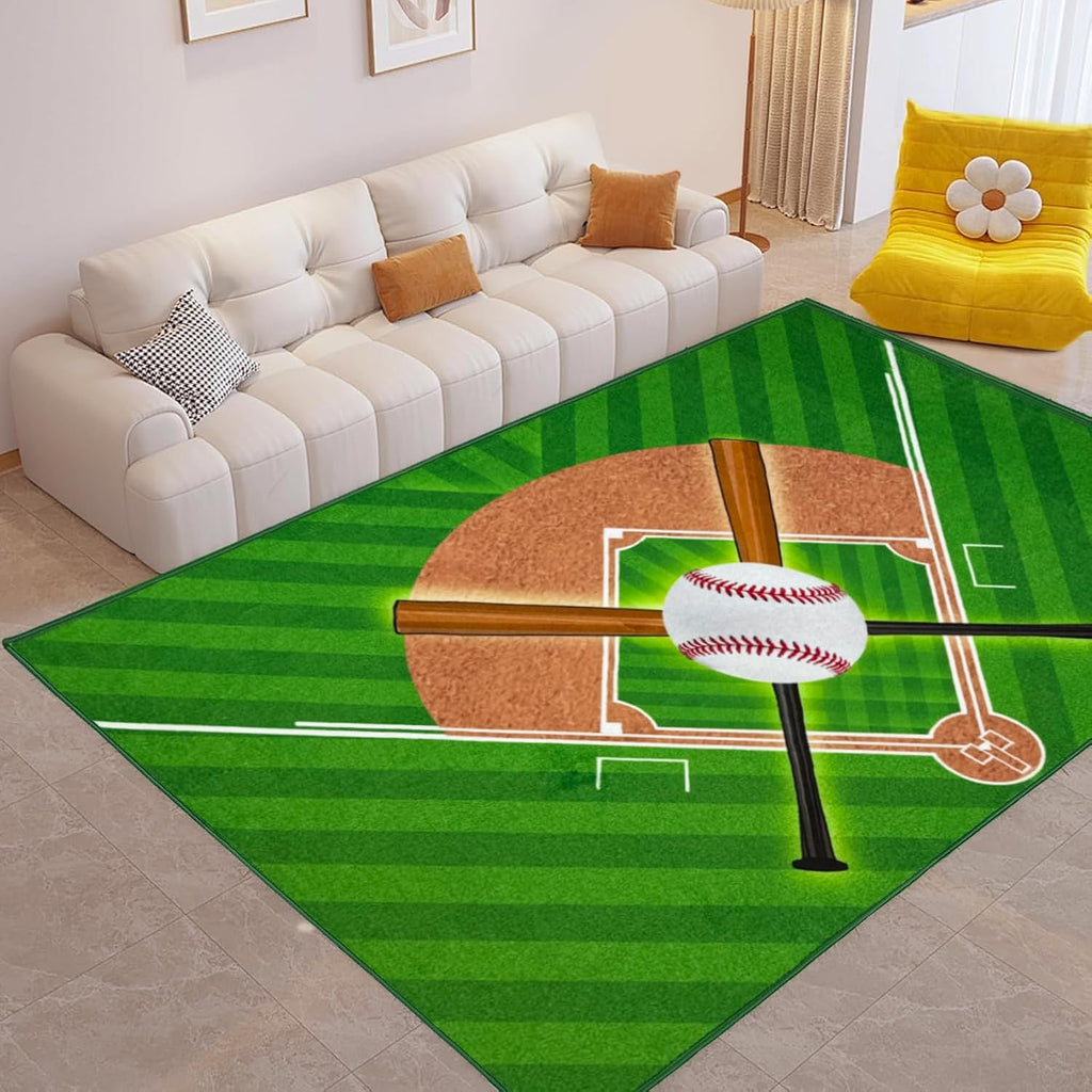 Washable Low Pile Baseball Rug 8x10- Sports Decor for Boys Room, Non-Slip Kids Bedroom Carpet, Durable Baseball Themed Floor Mat