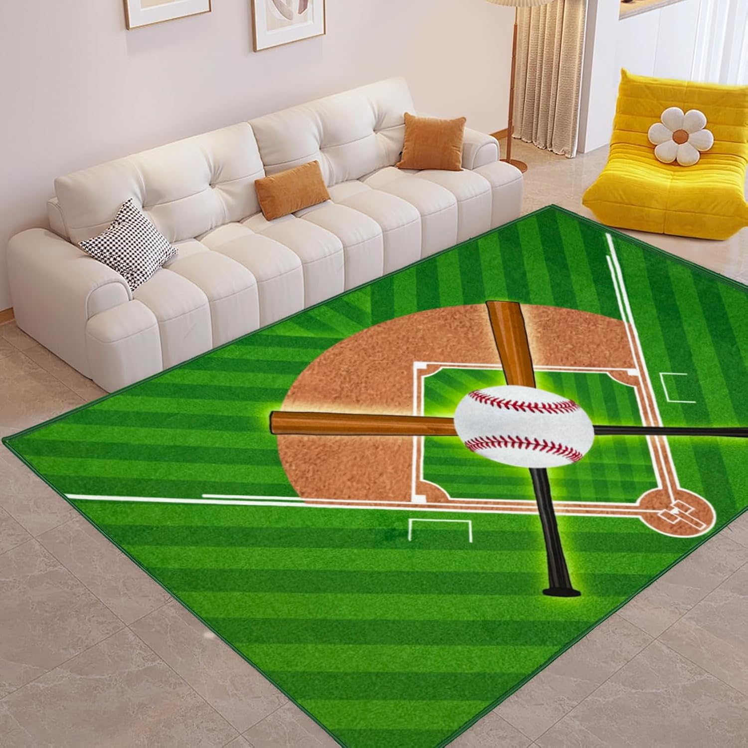Washable Low Pile Baseball Rug 8x10- Sports Decor for Boys Room, Non-Slip Kids Bedroom Carpet, Durable Baseball Themed Floor Mat
