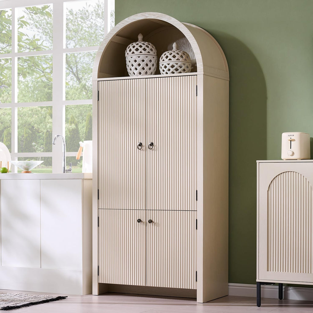 IFGET 71' Tall Arched Kitchen Pantry, Modern Fluted Wood Storage Cabinet with Doors, 3 Adjustable Shelves, 6 Door Shelves, Organizer, Versatile Cupboard for Kitchen, Bathroom, Cream