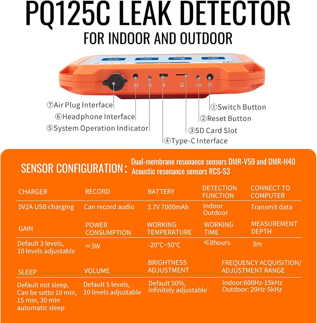 Underground Water Leak Detectors for Home and Outdoor PQ125C Wall Pipe Water Leakage Detection with Touchscreen Earphone and Carrying Case Multi Sensor Acoustic Pipeline Sound Intensifier