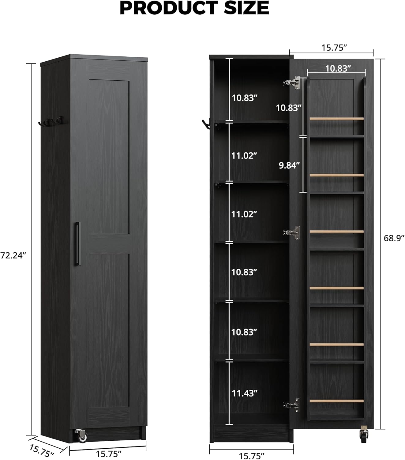 IRONCK Narrow Kitchen Pantry Storage Cabinet, 72' Slim Single Door with 6 Adjustable Shelves, Door Rack and Wheels, Space Saving Freestanding Storage Floor Cabinet for Small Place, Black