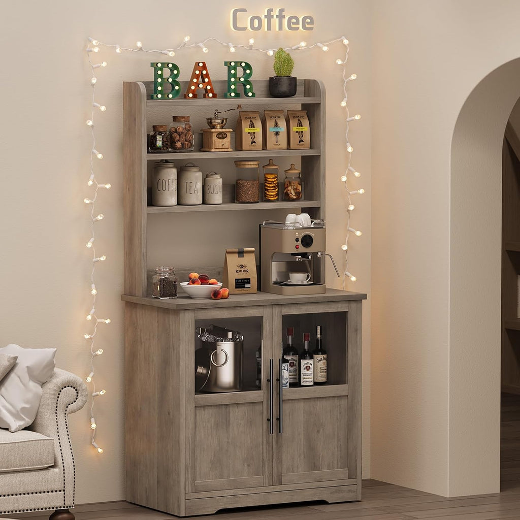 Kitchen Bakers Rack with Storage Cabinet, Microwave Stand with Power Outlets, Coffee Bar Station Shelves for Kitchen Dining Living Room