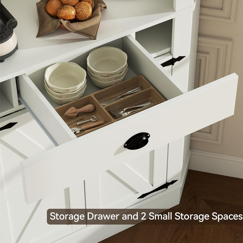 74'Corner Cabinet with Charging Station,Kitchen Pantry Storage Cabinet with Drawer,Freestanding Kitchen Pantry Cabinets with Doors and Shelves,Farmhouse Food Hutch for Dining Room,Living Room(White)