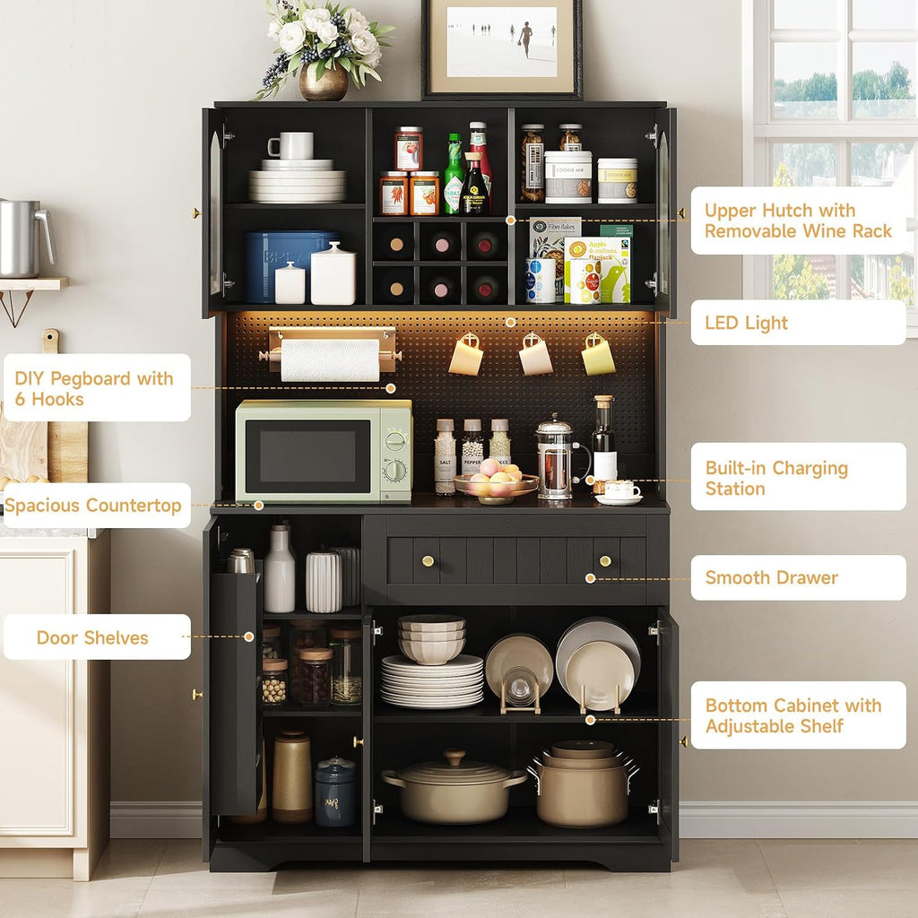 ONBRILL 71' Kitchen Pantry Cabinet with Microwave Shelf & Door Shelves, Kitchen Hutch with Outlet & LED Light, Wood Pantry Storage with DIY Pegboard & 6 Hook, Modern Cabinet with Drawer & Wine Rack