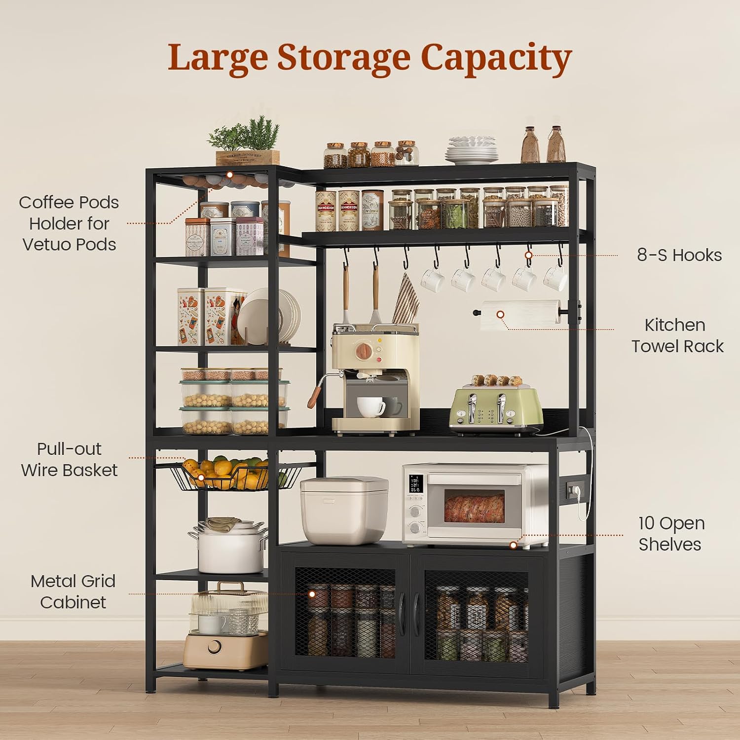 47.2 in Bakers Rack with Power Outlet & LED Light, Coffee Bar with Coffee Pod Holder for Vetuo, Kitchen Microwave Stand with Storage Shelves, Paper Holder, Cabinet, Wire Basket, 8 Hooks (Black)