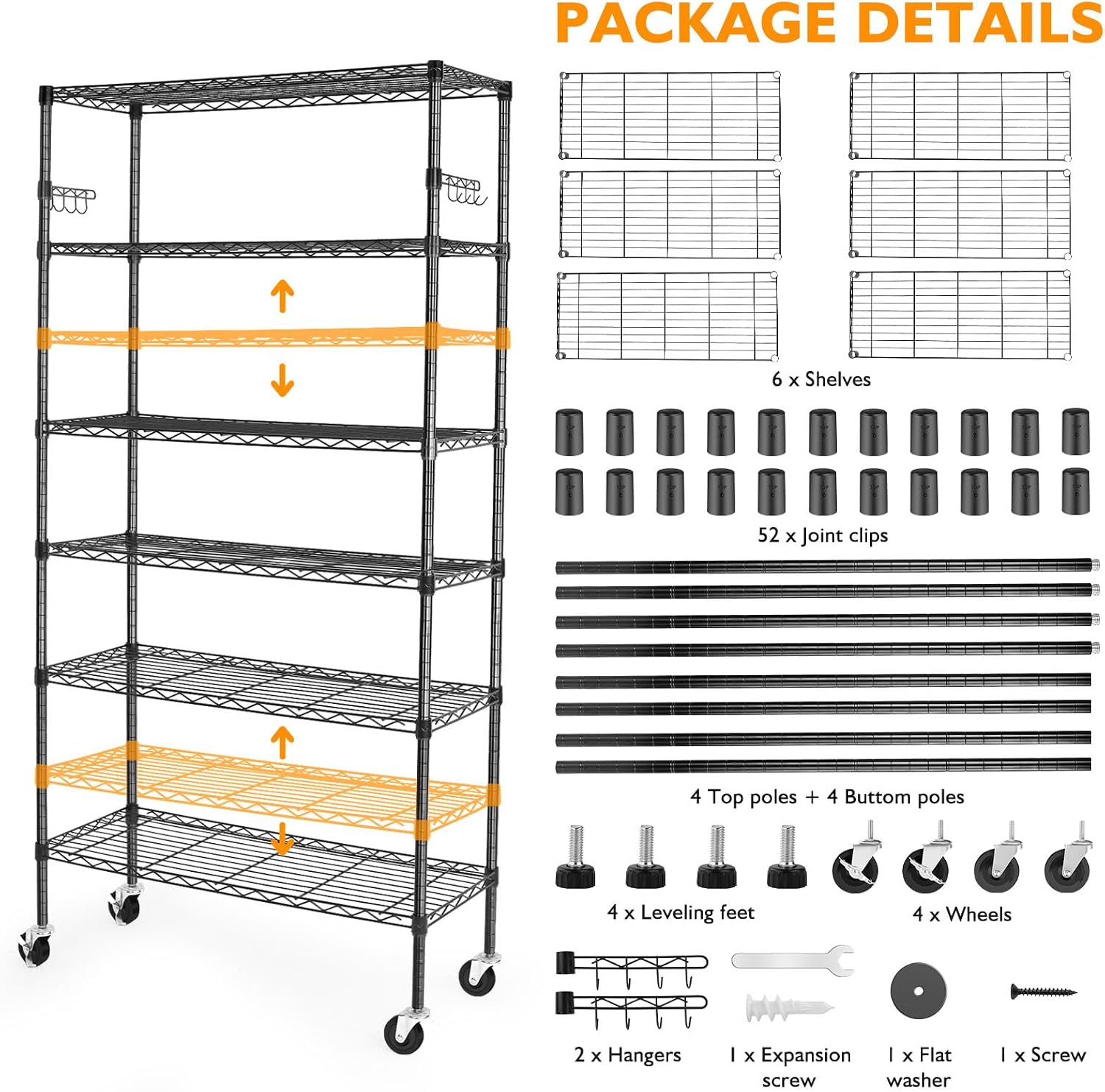 BolDuck 6 Tier Storage Shelves with Wheels, 2100lbs Capacity Heavy Duty Shelving Units, 14x36x75inch Adjustable Metal Shelf Wire Shelving Rack for Garage, Kitchen, Office, Black