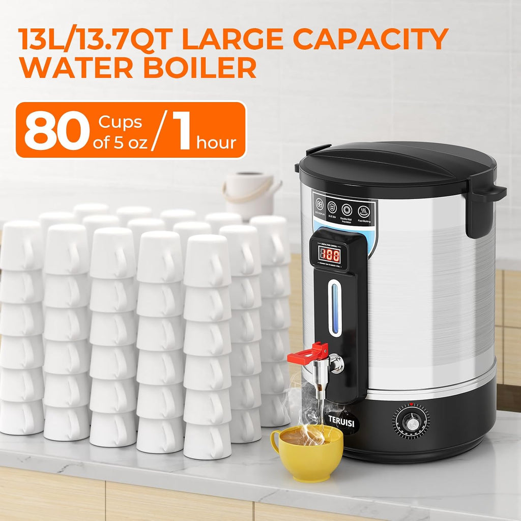 Electric Water Boiler, 13L/13.7QT Commercial Hot Water Dispenser, 1500W Hot Water Boiler Urn Beverage Dispenser with Stainless Steel Spigot, Doubled-Wall Insulation, Adjustable Temperature