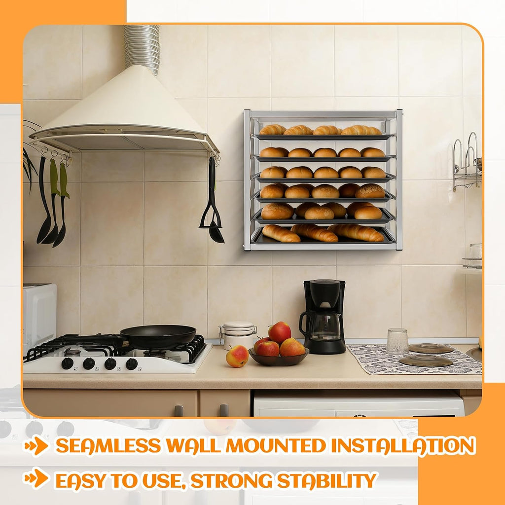 Zonon 6 Tier Wall Mounted Sheet Bun Pan Rack, 28' x 18' x 21' Aluminum Baking Tray Racks Holds 6 Full-size Sheet Pans for Bakeries Restaurants Catering Kitchens(1 Pcs)