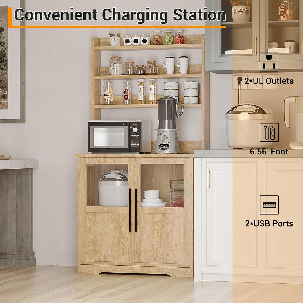 Microwave Stand Bakers Rack Cabinet with Power Outlet and Thickened Counter, Freestanding Farmhouse Coffee Bar Cabinet, Tall Kitchen Pantry Hutch with Glass Doors for Dining Room