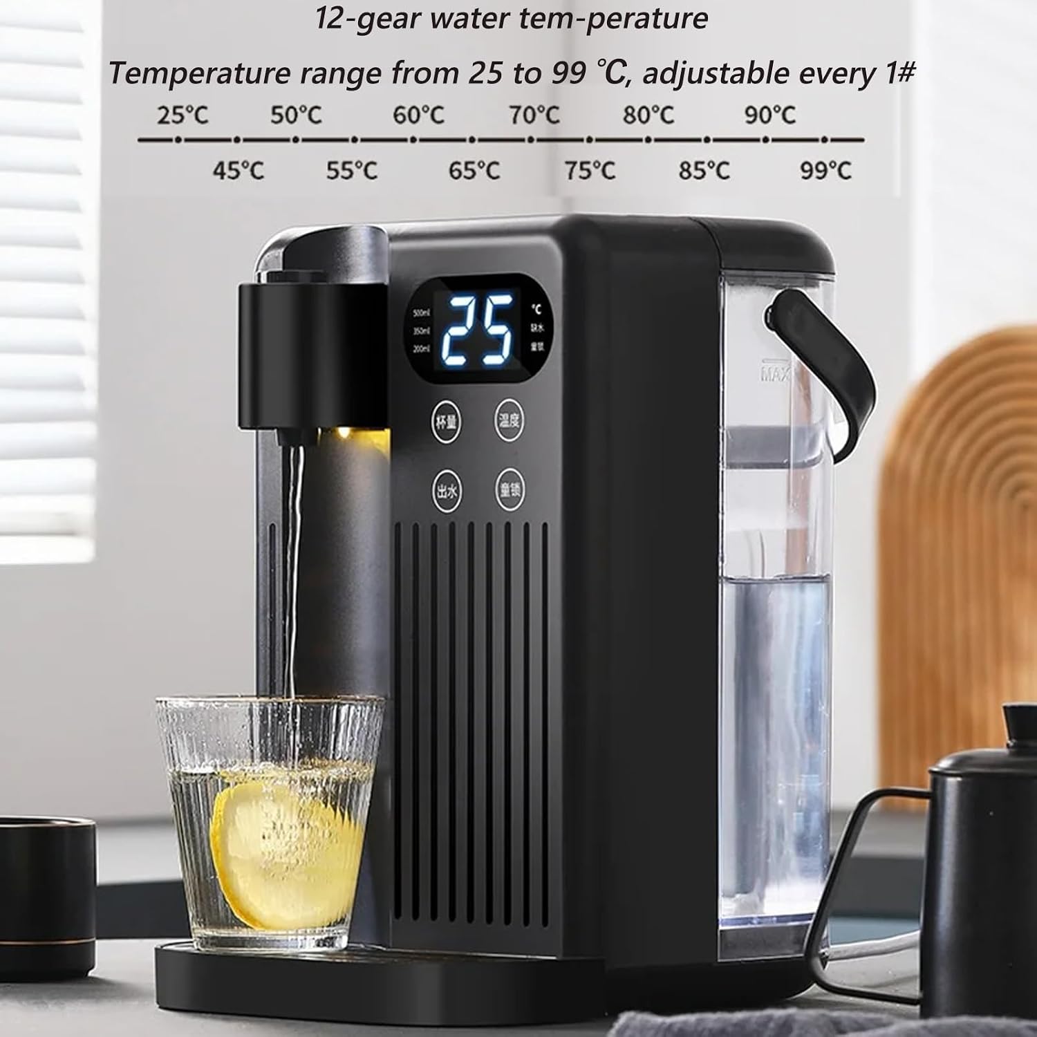Energy Efficient Boiling Kettle with 3L Water Tank, 2000W Electric Instant Hot Water Dispenser,12 Gear Water Temperature and 8 Gear Water Volume Control, Quick Heating in 3 Seconds,Black